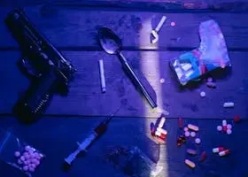 Intriguing still life image depicting pills, a gun, and syringe under dramatic lighting.
